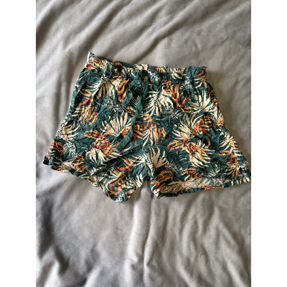 LCW Dream Tropical Palm Leaf Print Drawstring Shorts Green Orange Small